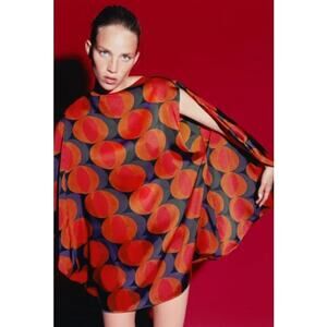 NEW Zara Red Puple Polka Dot Dress Size XS Abstract Boxy Cape Sleeve Mini Shift